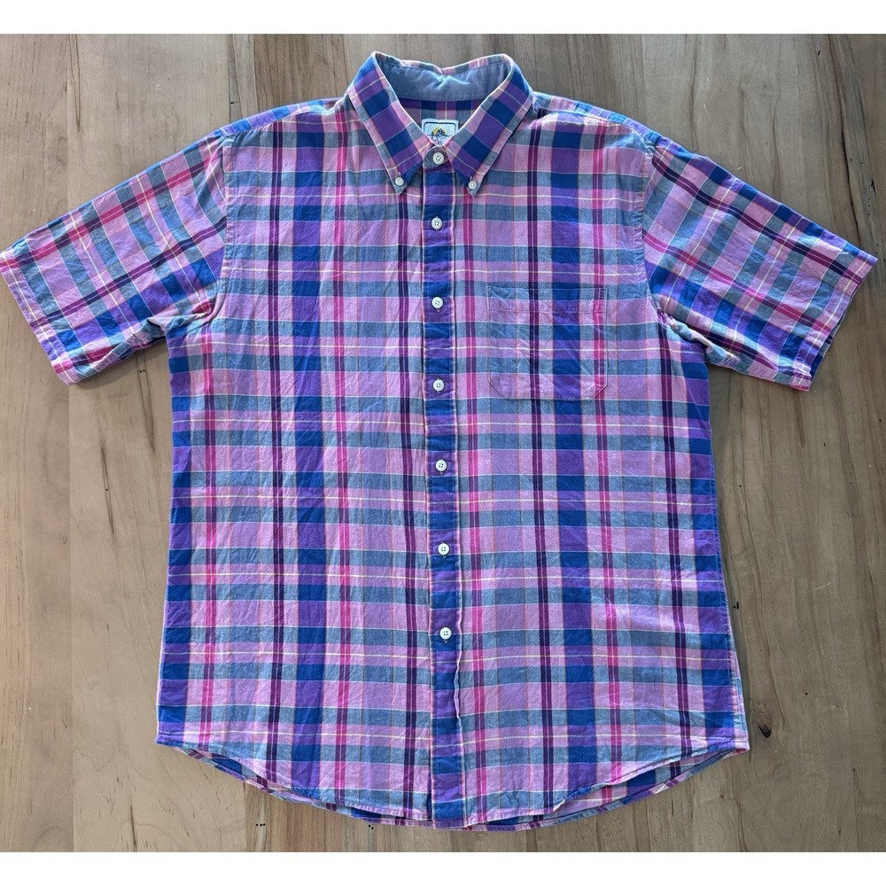 Pendleton Surf Button Down Short Sleeve Shirt Pink/Blue Plaid Cotton Size Large